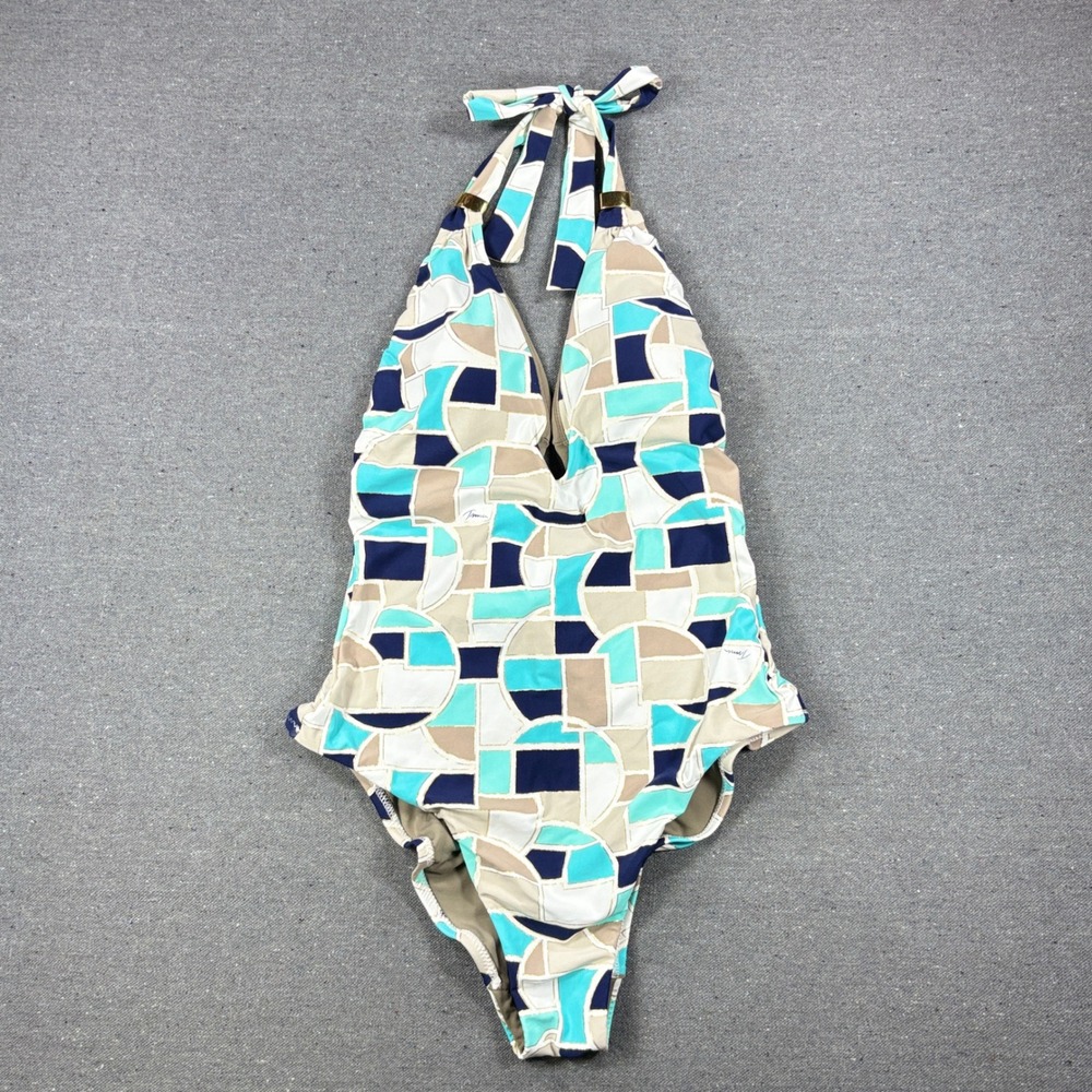 Trina Turk One Piece Swimsuit W Sz 8 Blue Geometric Halter Gold Metallic NWOT
